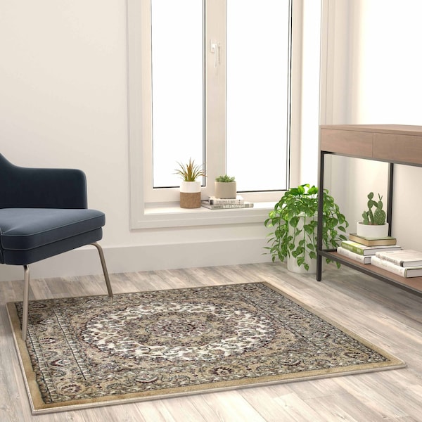 Flash Furniture Ivory 4x4 Square Traditional Persian Style Rug NR-RGB401-44-IV-GG - main